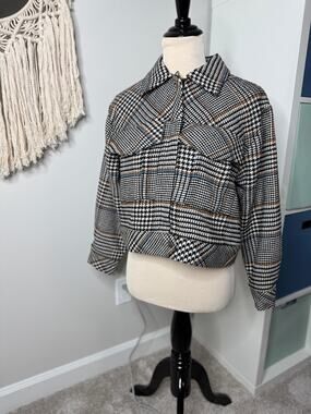 Le AL.X Women's Black White Blue Cabin Houndstooth Plaid Wool Cropped Jacket S
